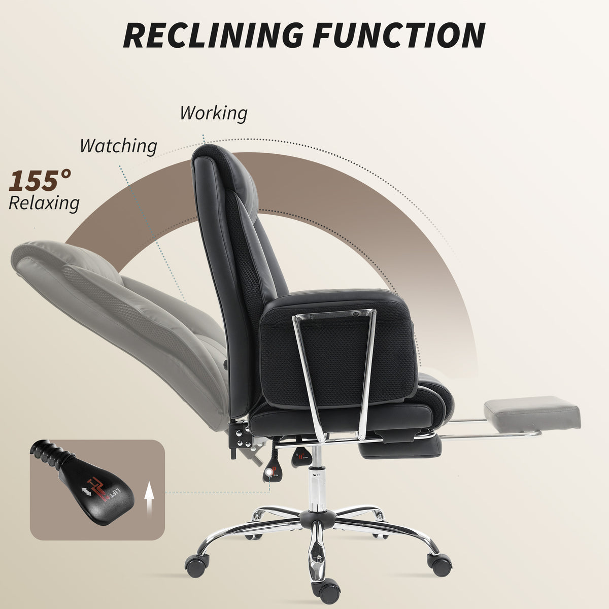 Reclining Office Chair, Overstuffed Executive Desk Chair with High Back, PU Leather, Footrest – view 5