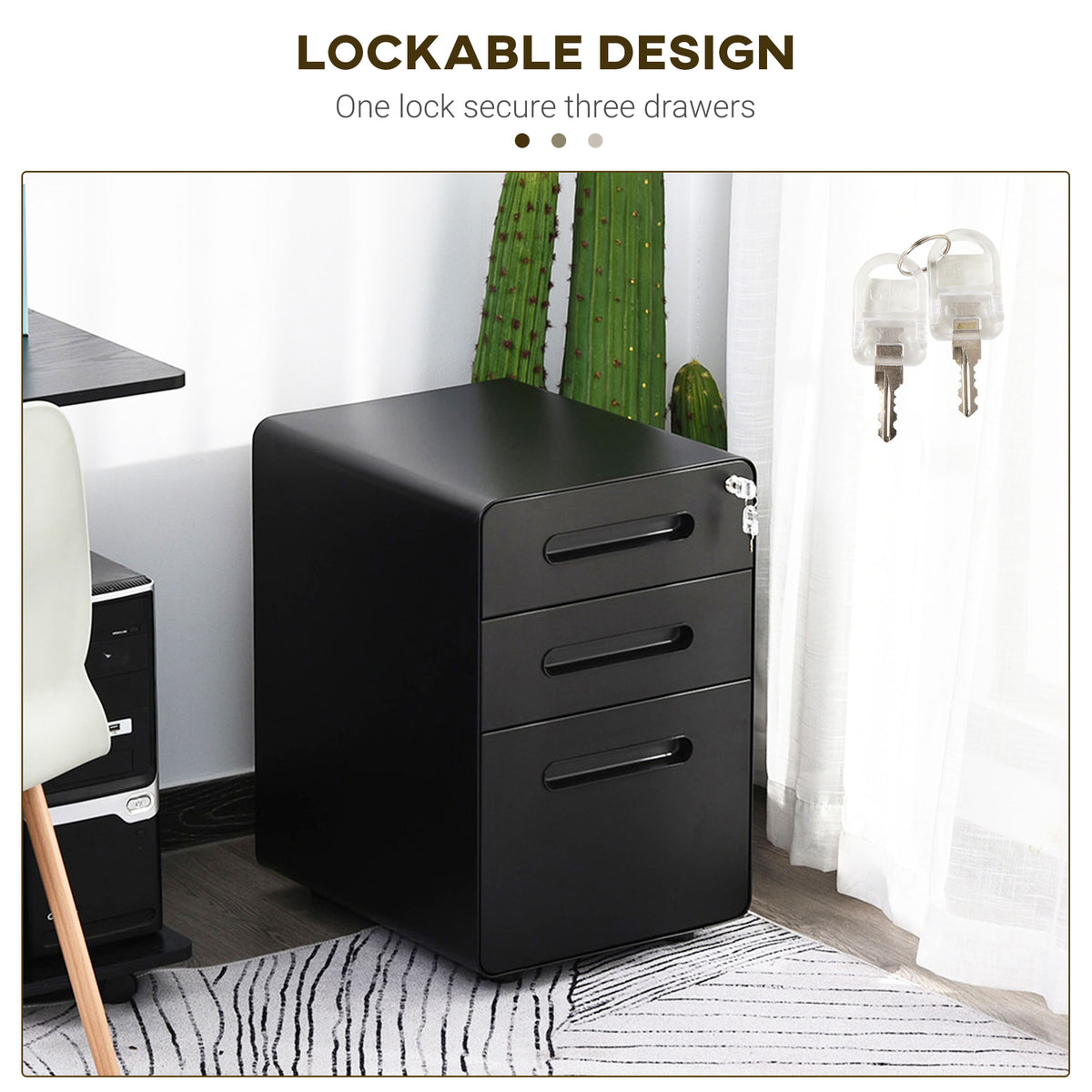 Lockable File Cabinet, Steel Filing Cabinet on Wheels for Legal, A4, Letter Size, Home Office