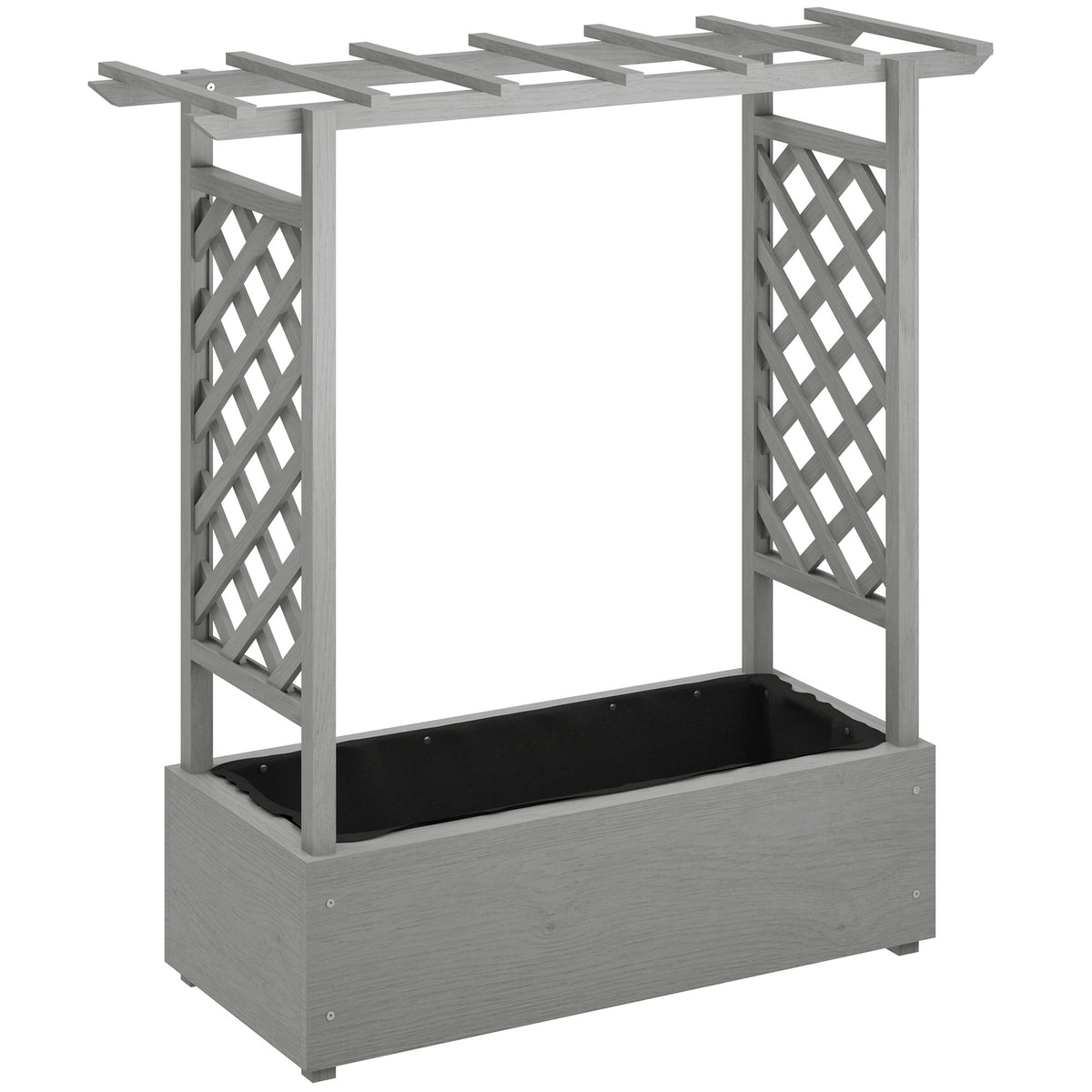 Wooden Raised Garden Bed with Trellis, Outdoor Planter Box with Hanging Roof, Drainage Holes and Bed Liner