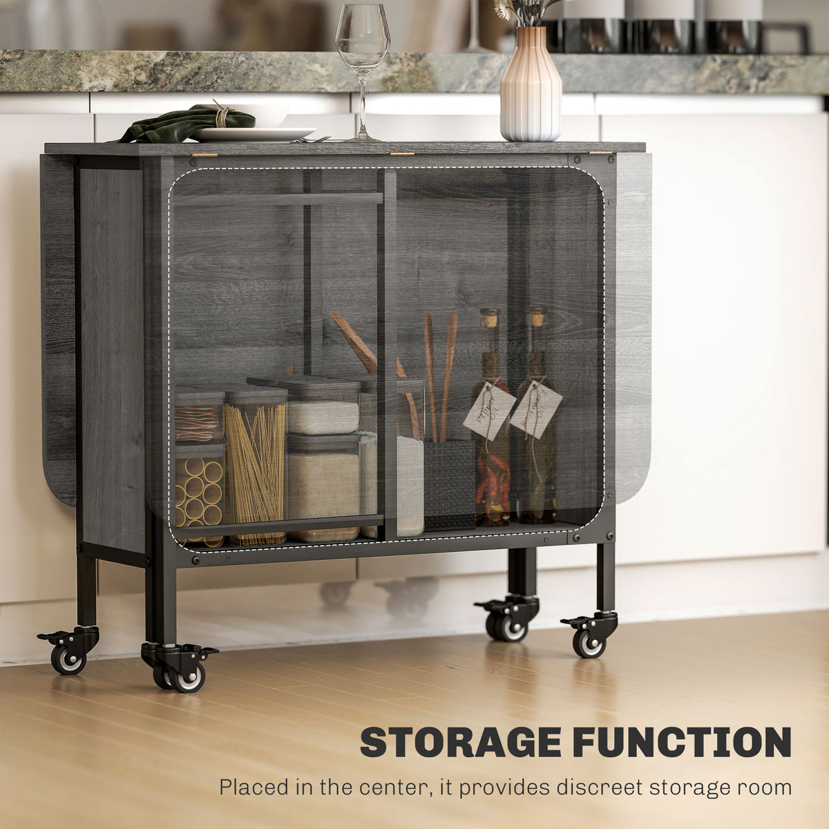 Folding Dining Table, Extendable Kitchen Table for Small Spaces with Storage Shelf and 6 Wheels – view 4