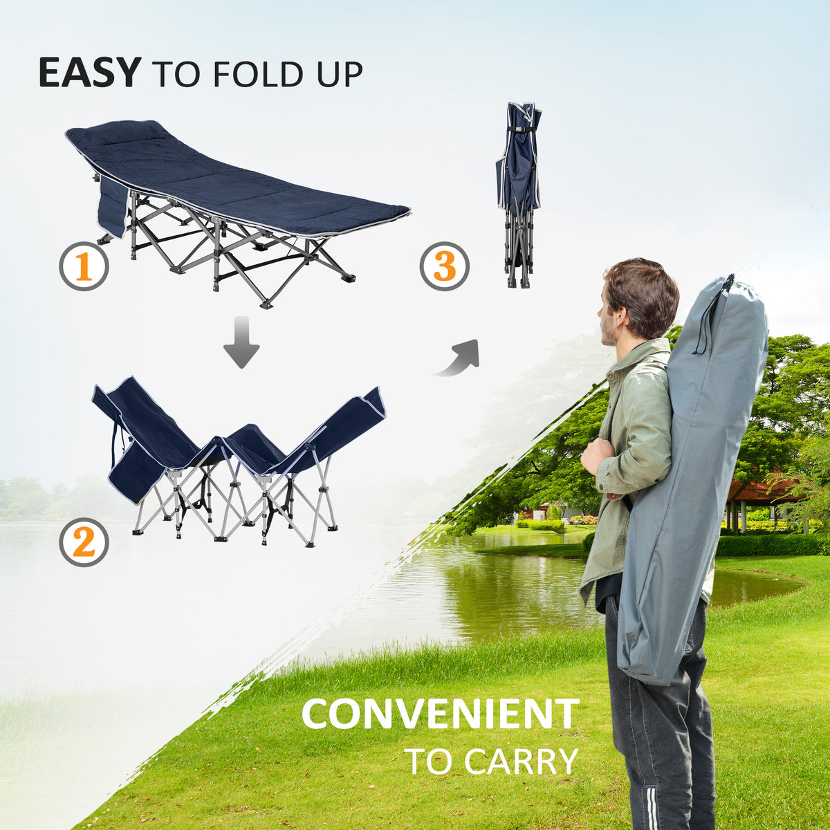 Folding Camping Cot with Mat & Pillow, Double Layer Oxford Heavy Duty Sleeping Cot with Carry Bag Blue – view 5