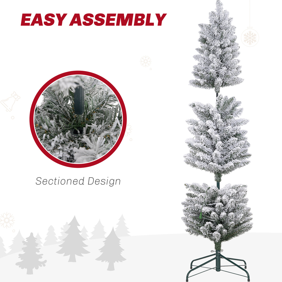 5ft Artificial Prelit Christmas Tree with Warm White LED Light, Snow Flocked Branches, Metal Base, Pencil Xmas Tree