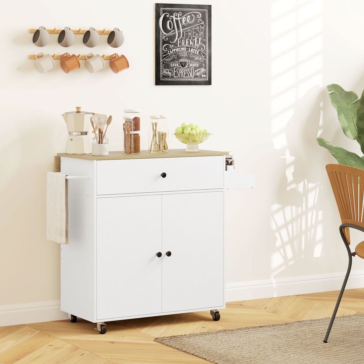 Rolling Kitchen Island with Drop Leaf, Kitchen Storage Cart with Drawer, Spice Rack and Towel Rack, White