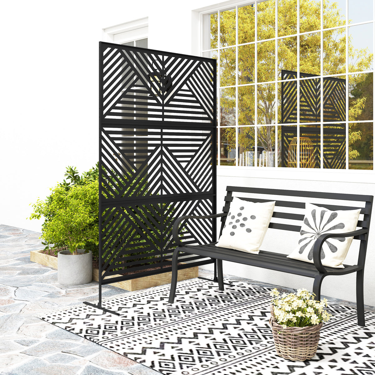 Metal Outdoor Privacy Screen, Freestanding Outdoor Divider with Stand, Decorative Privacy Panel, 78" x 48", Black