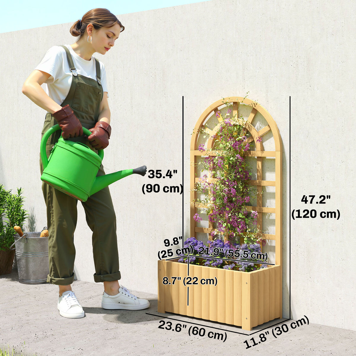 Wooden Raised Garden Bed with Lattice Trellis, Outdoor Elevated Planter Box with Drainage Holes for Climbing Plants