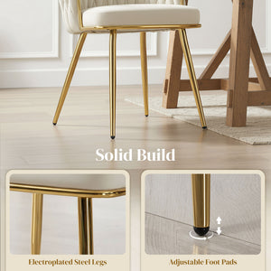 Modern Dining Chairs Set of 2, Velvet-Feel Upholstered Kitchen Chairs with Woven Backrest and Metal Legs, Cream White