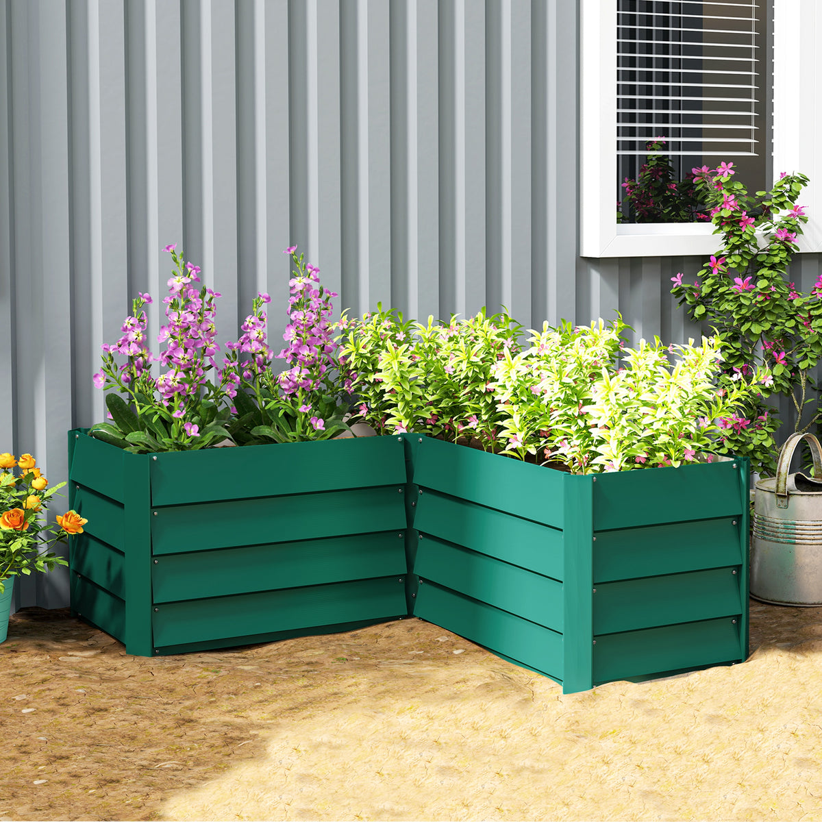 45" x 45" x 17" L-Shaped Galvanized Steel Raised Garden Bed for Vegetables, Flowers, Herbs, Green