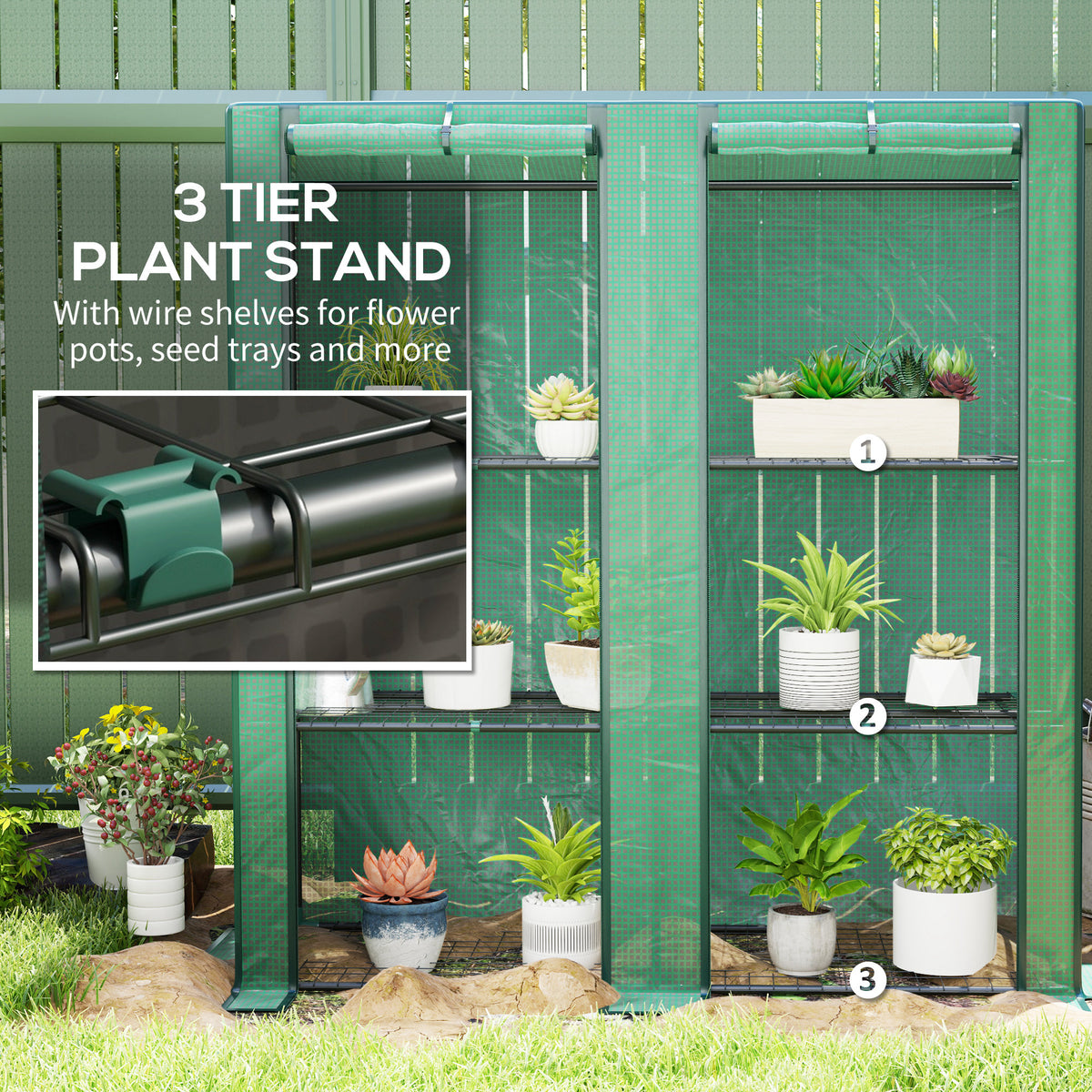 Mini Greenhouse with 3 Tier Shelves, 3 Roll-Up Doors for Indoor Outdoor, Green – view 11