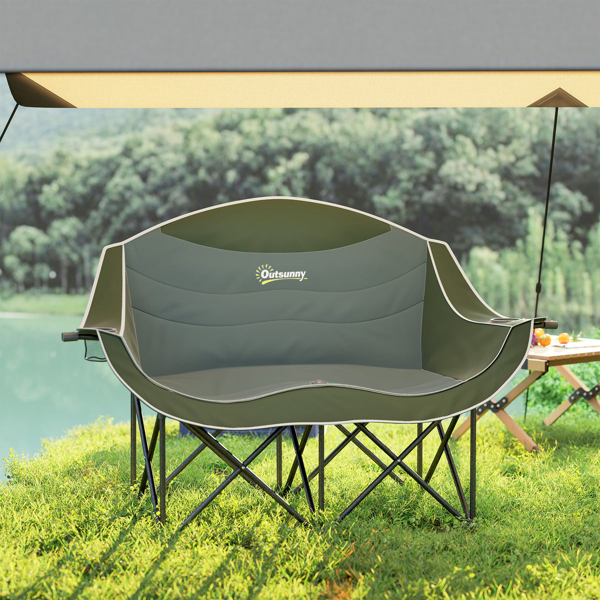 Portable Camp Chair, Double Camping Chair with Cup Holders and Carry Bag, Support 551 lbs, Dark Green – view 6