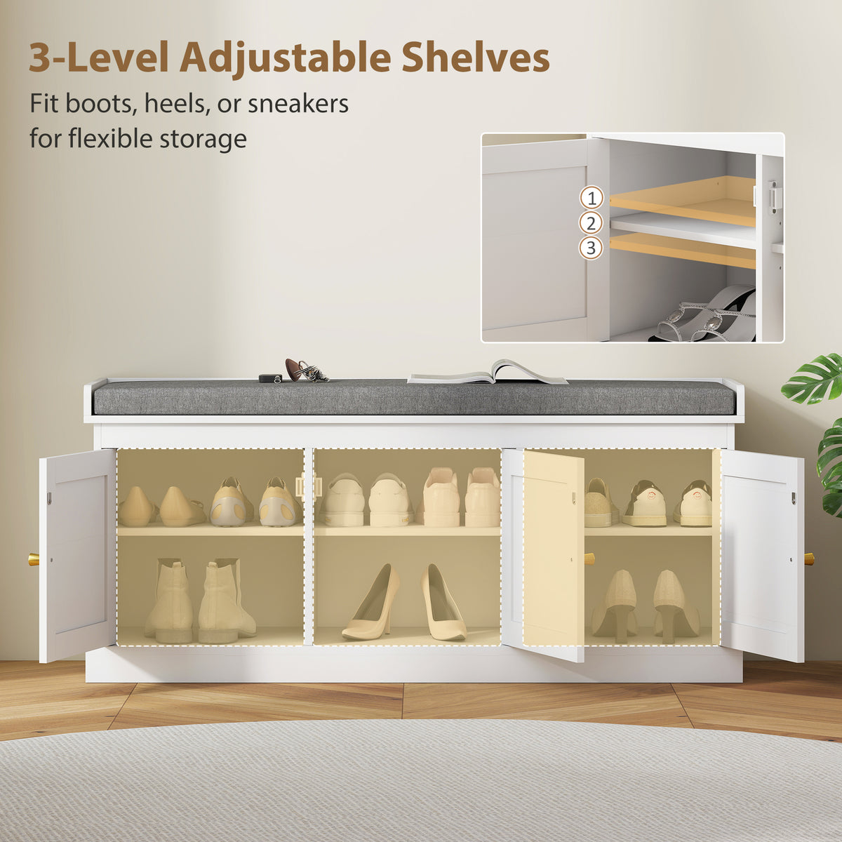 Shoe Storage Bench with Woven Rattan Doors, Shoe Bench with Cushion, Adjustable Shelves, Entryway Bench, White