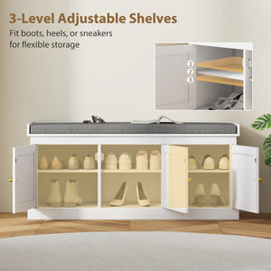Shoe Storage Bench with Woven Rattan Doors, Shoe Bench with Cushion, Adjustable Shelves, Entryway Bench, White