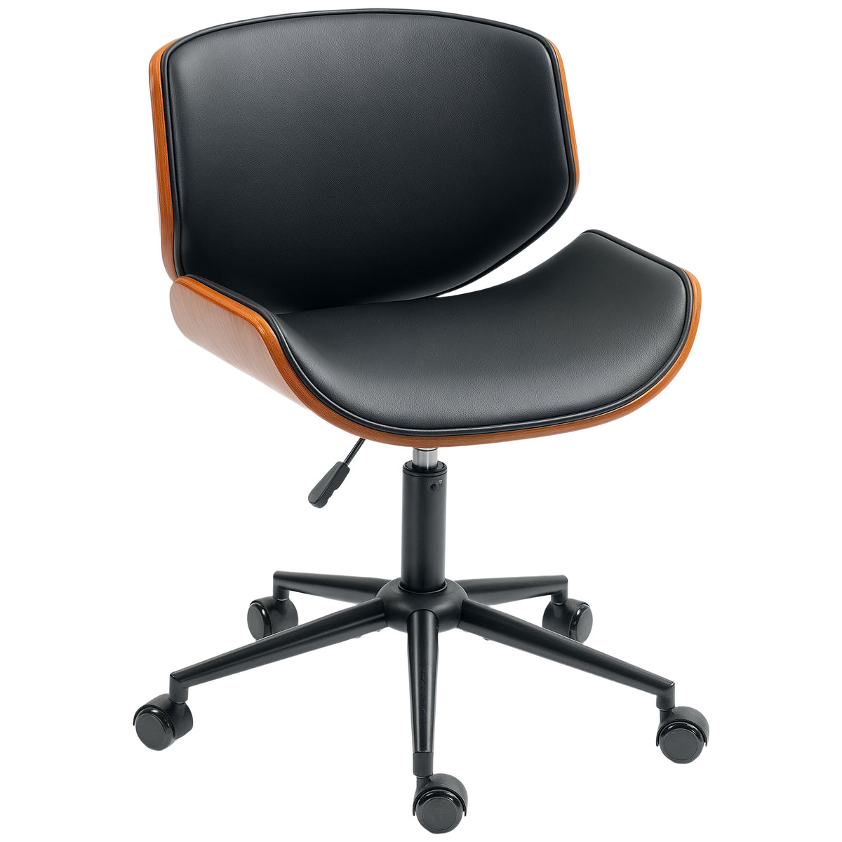 Mid-Century Modern Office Chair No Arms with Wheels, Small Computer Desk Chair with PU Leather Upholstery, Bentwood