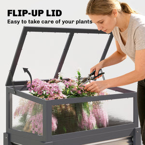 Raised Garden Bed with Flip-Up Greenhouse Top, Wooden Elevated Planter Box with Legs and Liner, Grey