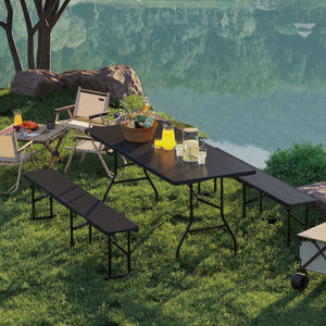 6FT 3PCS Faux Rattan Outdoor Camping Table Bench Set with Carrying Handles, Folding Picnic Table with 2 Benches, Black