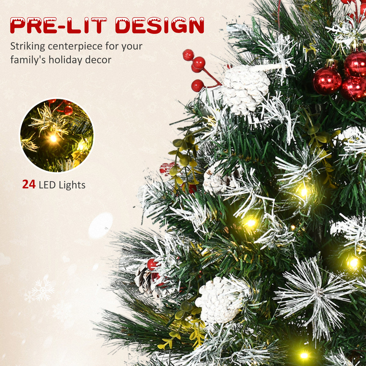 2 Foot/23 inch 2 Pack Prelit Artificial Christmas Tree Cordless with 70 Branches, Warm White LED lights, Red Berries, Pine Cones, Balls, for Outdoor Entryway, Green