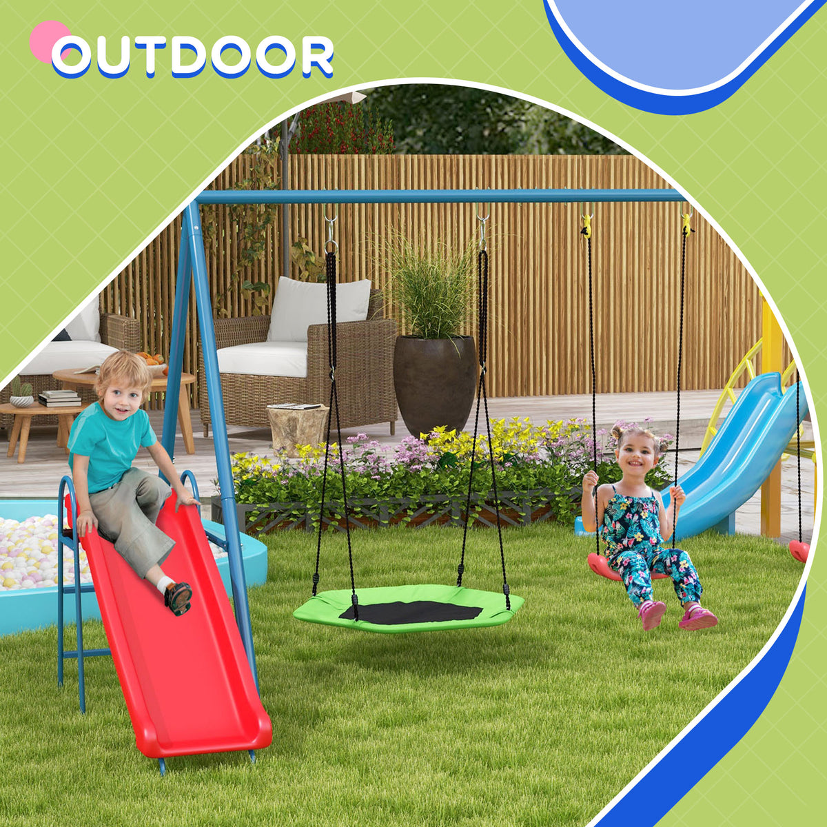 Metal Swing Set for Backyard, 4 in 1 Design with 1 Nest Swing, 2 Seats, 1 Slide, Holds Up to 352 lbs. for Ages 3-8