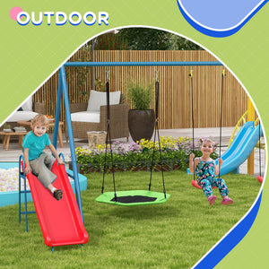 Metal Swing Set for Backyard, 4 in 1 Design with 1 Nest Swing, 2 Seats, 1 Slide, Holds Up to 352 lbs. for Ages 3-8