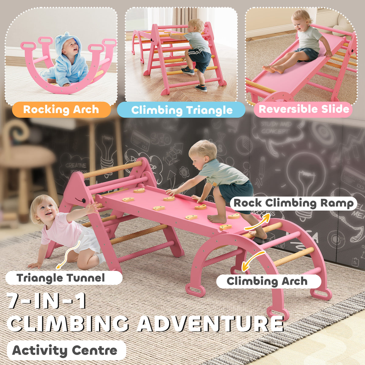 Qaba 7-in-1 Pikler Triangle Set, Foldable Wooden Climbing Toys with Arch, Ramp and Ladder for Toddlers 1-4 Years