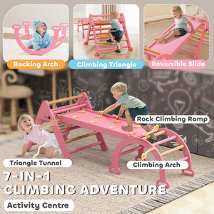 Qaba 7-in-1 Pikler Triangle Set, Foldable Wooden Climbing Toys with Arch, Ramp and Ladder for Toddlers 1-4 Years