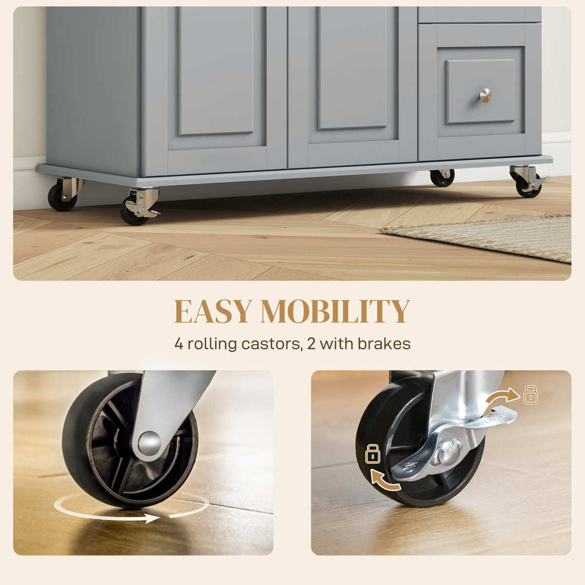Kitchen Island on Wheels, Kitchen Cart with Drop Leaf, Drawers, Grey – view 6