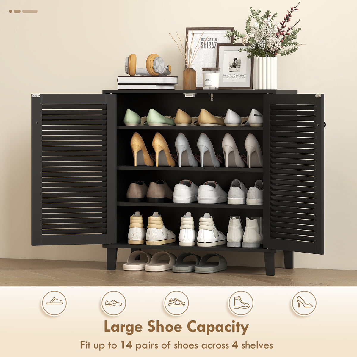 Shoe Cabinet with Adjustable Shelves Shoe Storage Cabinet with 2 Doors for Entryway Hallway Black