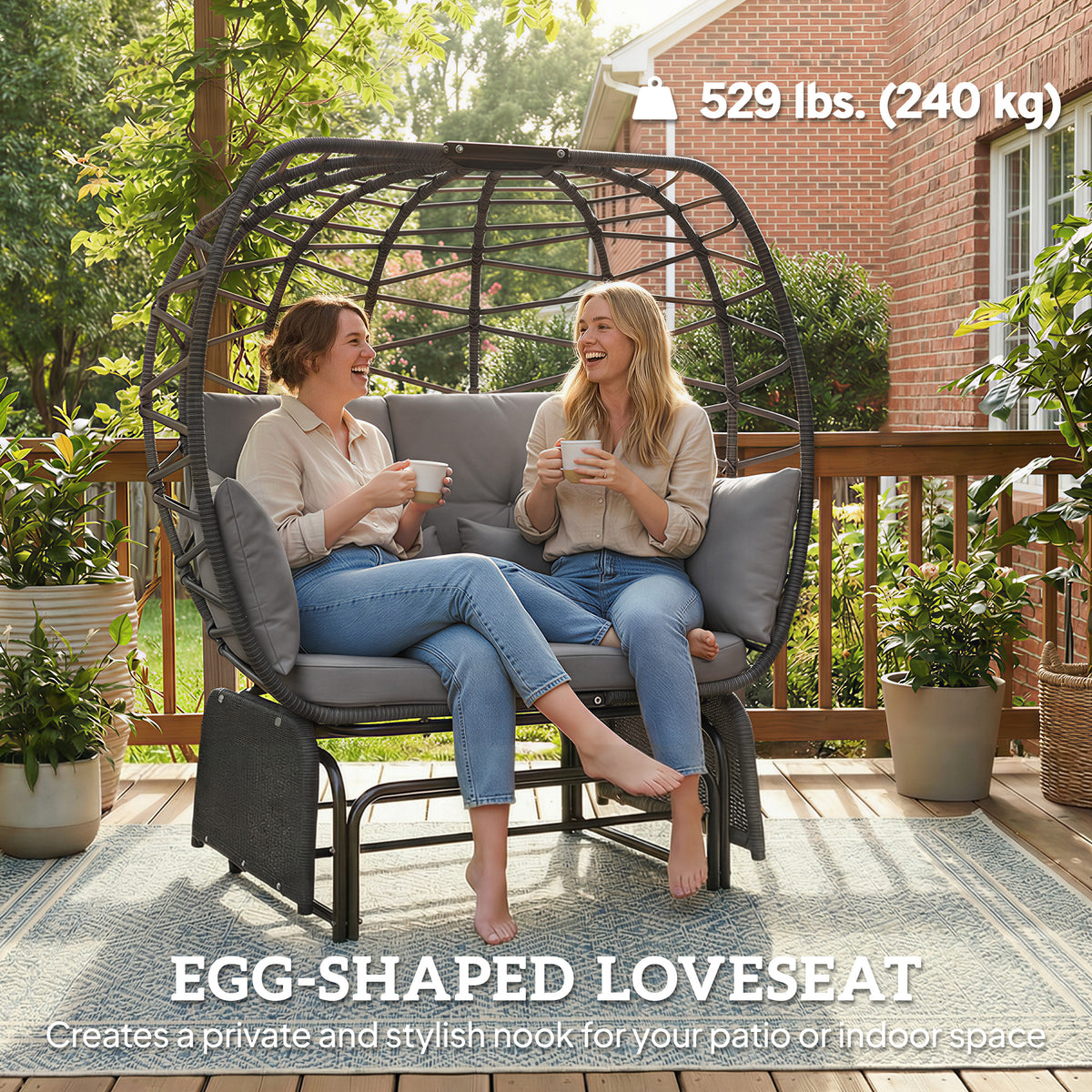 Double Outdoor Glider Egg Chair, Outdoor Loveseat Glider with Cushions and Pillows, Dark Grey