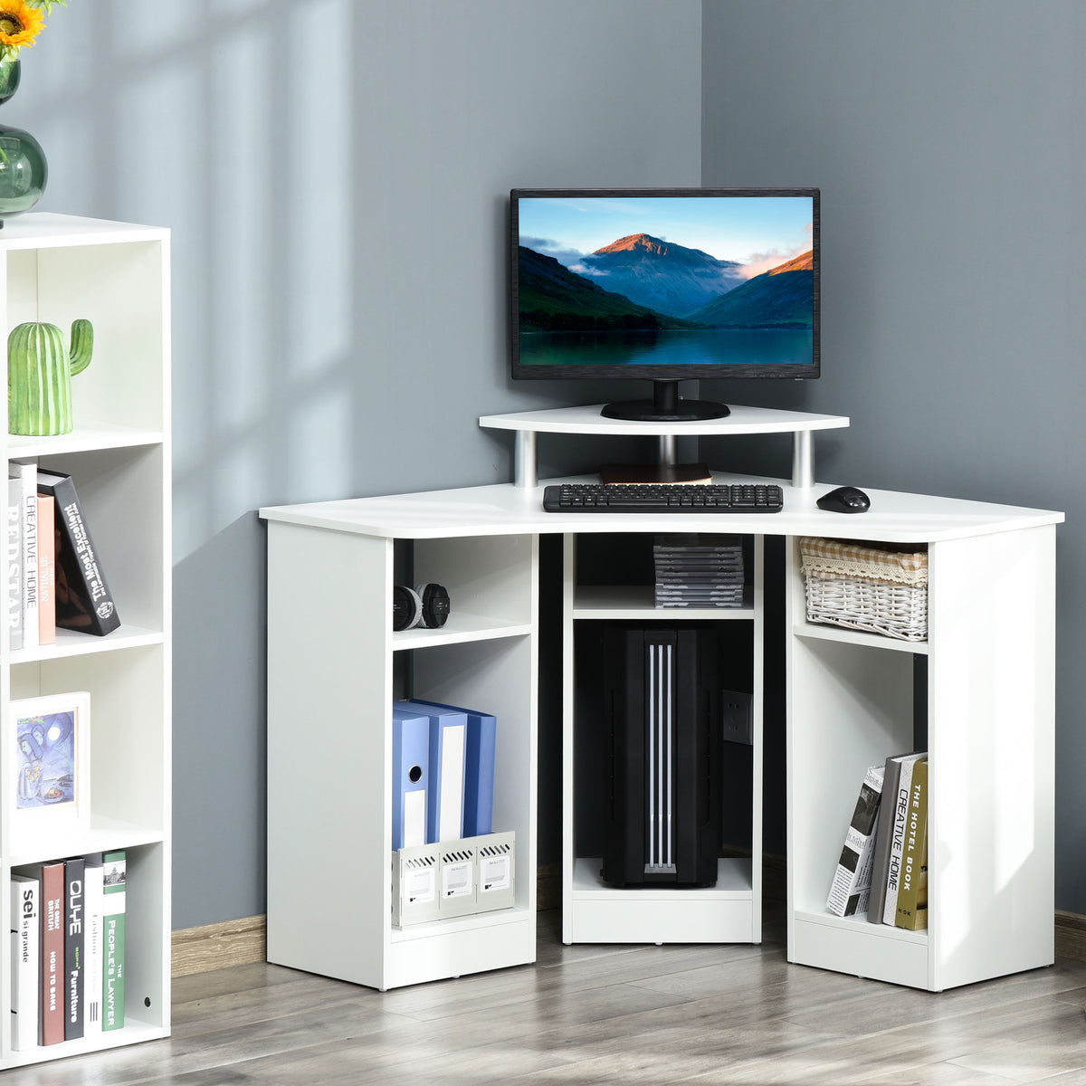 35" L-Shaped Computer Desk with Monitor Stand and Open Shelves, Home Office Corner Desk Study Workstation for Small Space, White