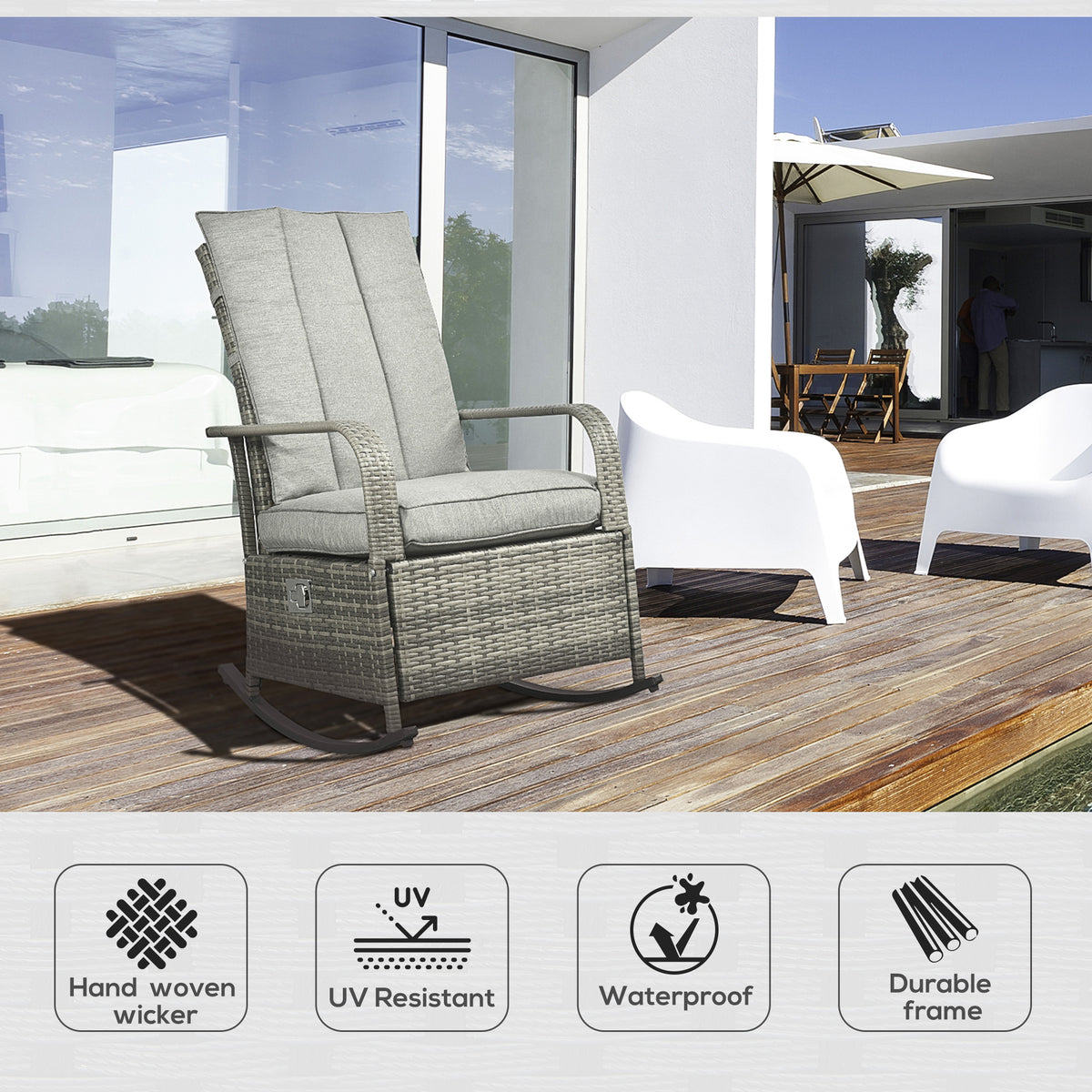 Outdoor Wicker Rocking Chair with Cushion, Patio PE Rattan Recliner Chair with Adjustable Footrest – view 10