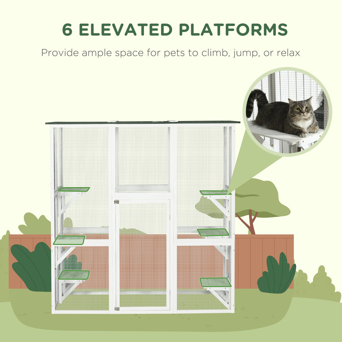 Large Outdoor Catio Enclosure, Weatherproof Cat House with Asphalt Roof,  Wooden Cat Patio Cage with 6 Balanced Platforms, 71" x 39" x 71", Grey