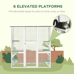 Large Outdoor Catio Enclosure, Weatherproof Cat House with Asphalt Roof,  Wooden Cat Patio Cage with 6 Balanced Platforms, 71" x 39" x 71", Grey