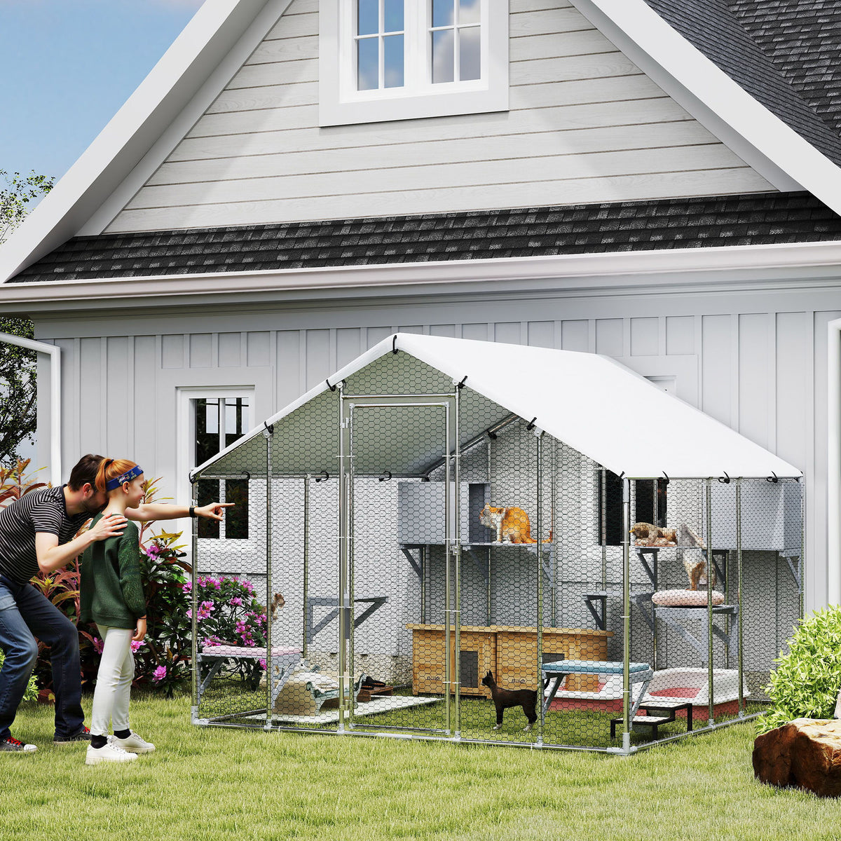 94.5" Extra Large Metal Outdoor Catio with Waterproof Cover, 2 Resting Boxes, 7 Platforms, for Multiple Rabbits, Chicken