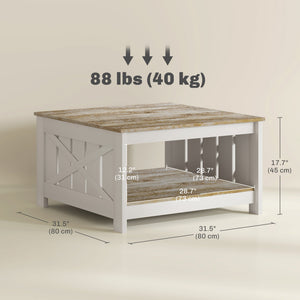 31.5" Square Coffee Table, Farmhouse 2-Tier Center Table for Living Room, Distressed Oak and Brown
