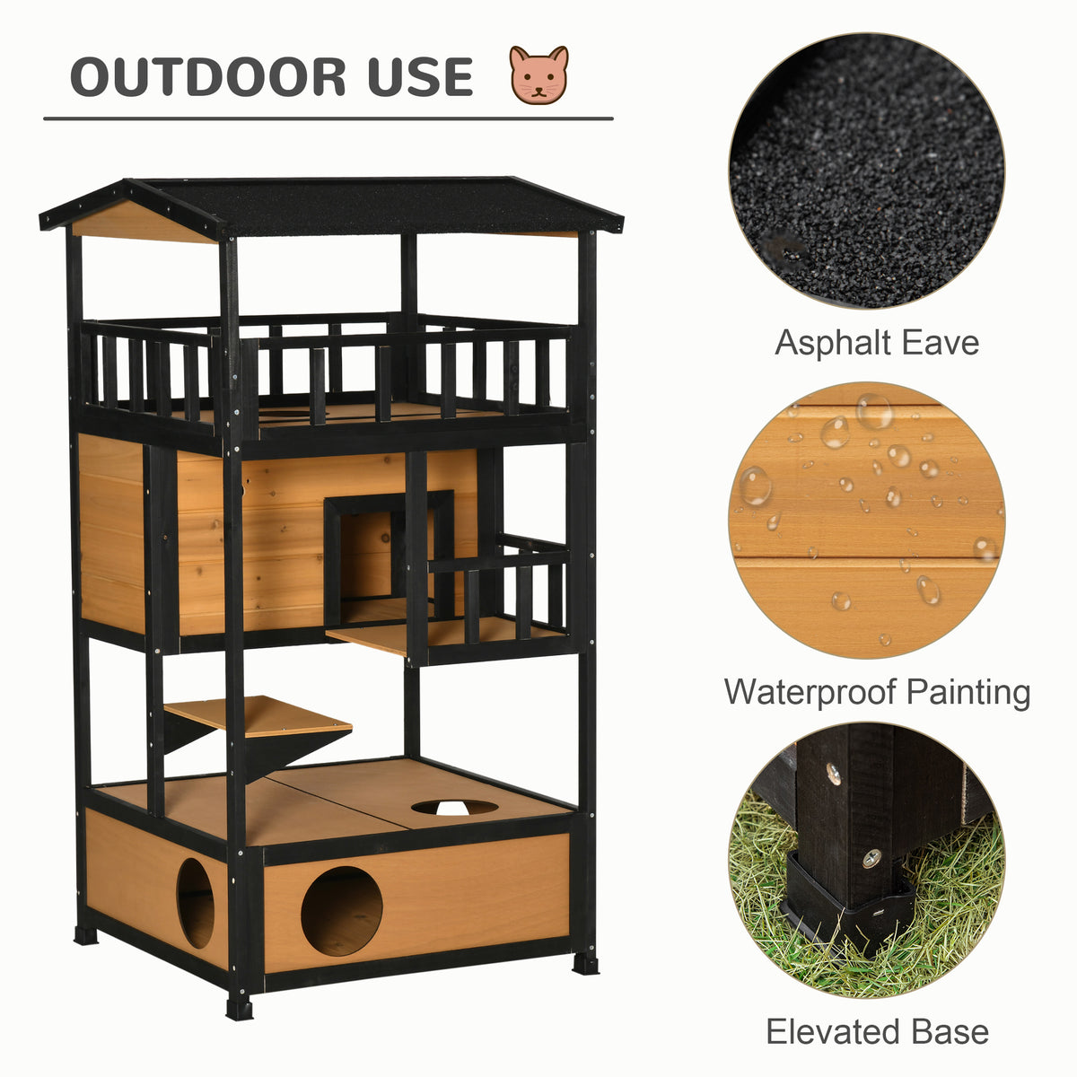 4-Floor Wood Outdoor Cat House Catio for Cats with Condo, Fun Entrances, Perch, Grey – view 12