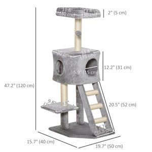 47" Tall Cat Tree Tower with Condo, Ladder, Scratching Posts and Hanging Ball, Light Grey – view 2