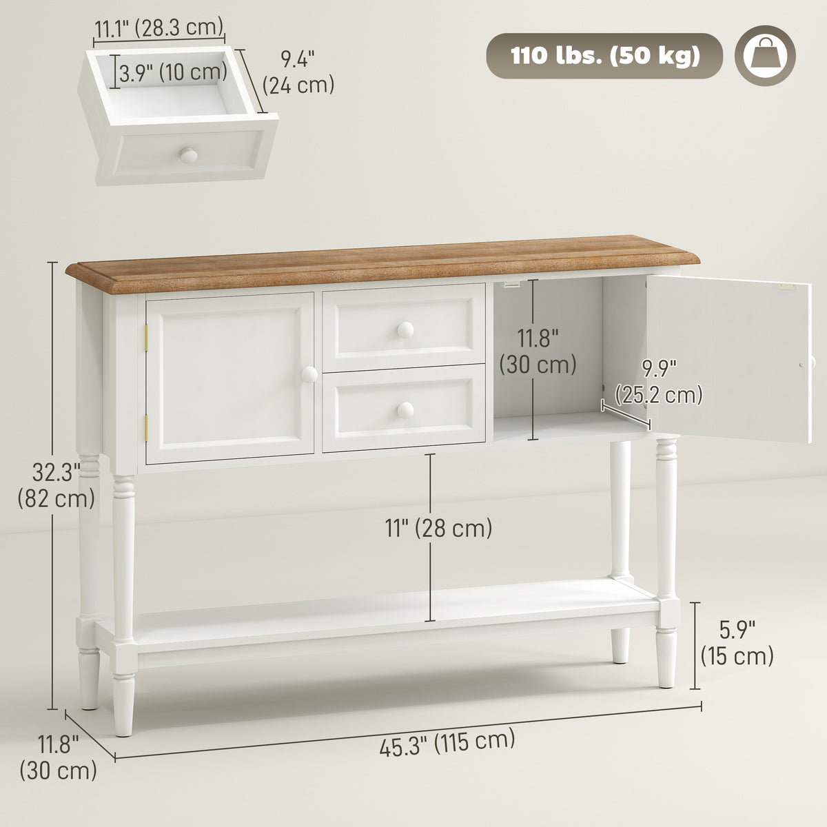 Vintage Console Table with 2 Drawers and Cabinets, Retro Sofa Table for Entryway, Living Room and Bedroom, White