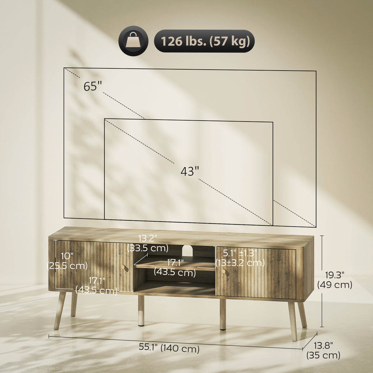 TV Stand for 65 Inch Television, Entertainment Center with Adjustable Shelves and Pine Wood Legs for Living Room, Oak