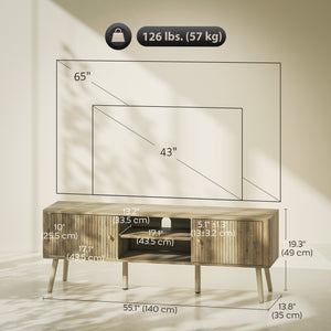 TV Stand for 65 Inch Television, Entertainment Center with Adjustable Shelves and Pine Wood Legs for Living Room, Oak