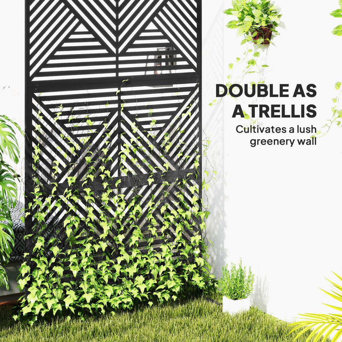 Metal Outdoor Privacy Screen, Freestanding Outdoor Divider with Stand, Decorative Privacy Panel, 78" x 48", Black