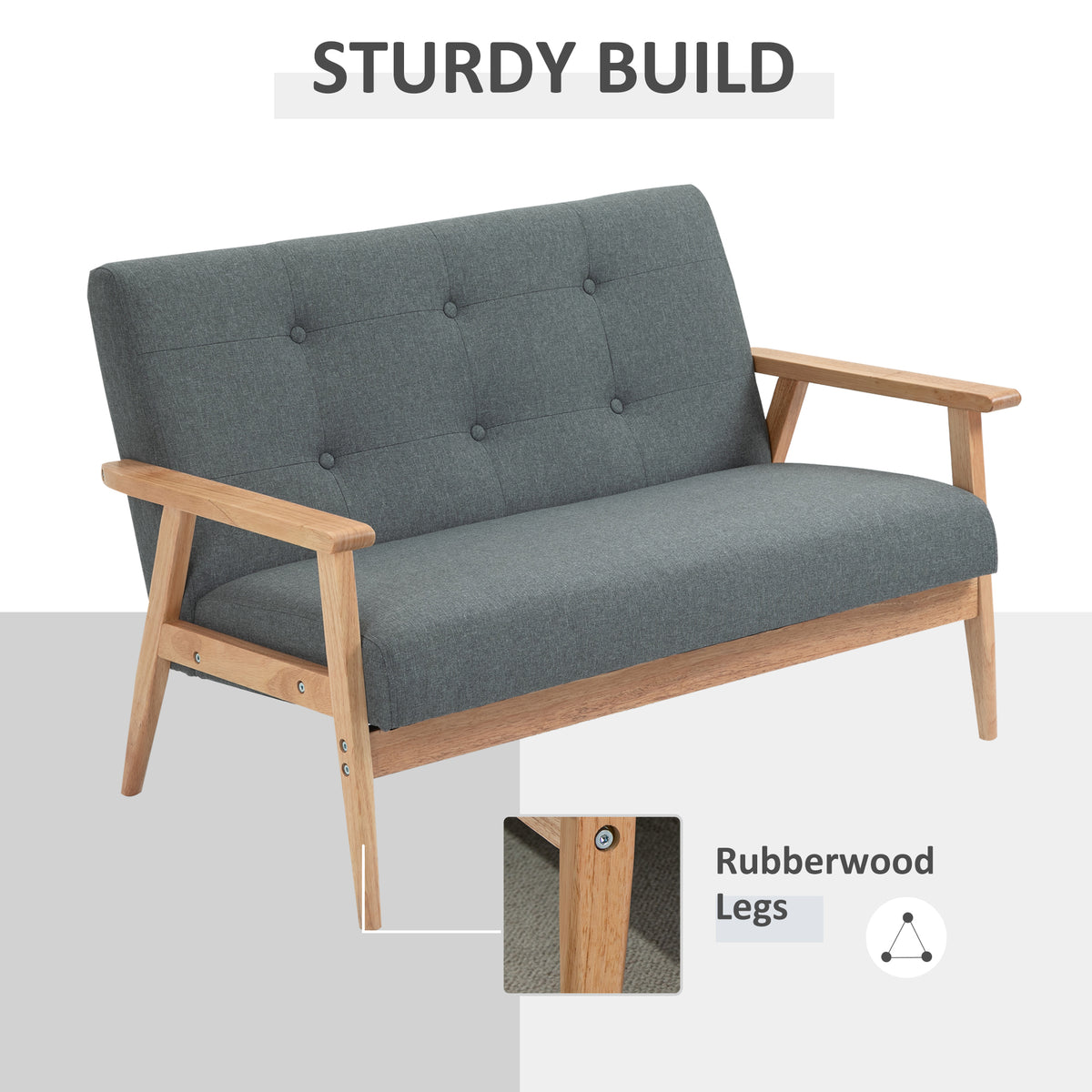 45" 2 Seat Sofa, Upholstered Two Seater Couch with Rubber Wood Legs for Bedroom, Living Room, Dark Grey