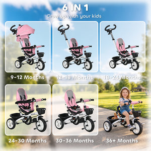 Qaba 6 in 1 Toddler Tricycle with Parent Push Handle, Canopy, Storage Baskets, Cupholder, Dark