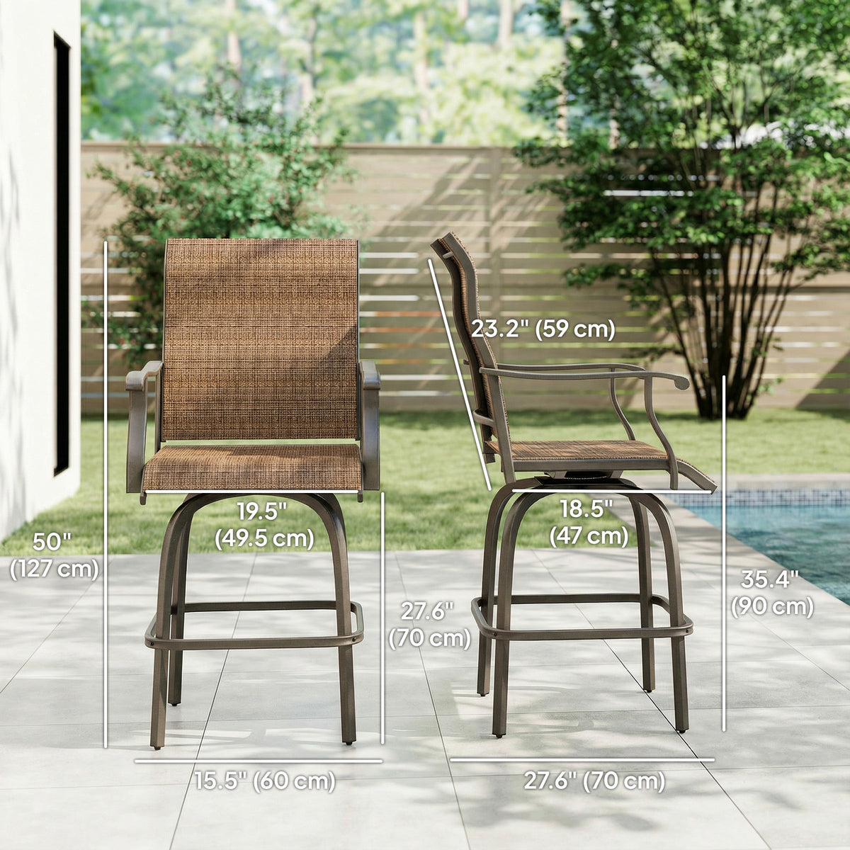 Outdoor Bar Stools Set of 2, Swivel Bar Height Chairs with High Back, Curved Armrests and Steel Frame, Black – view 23