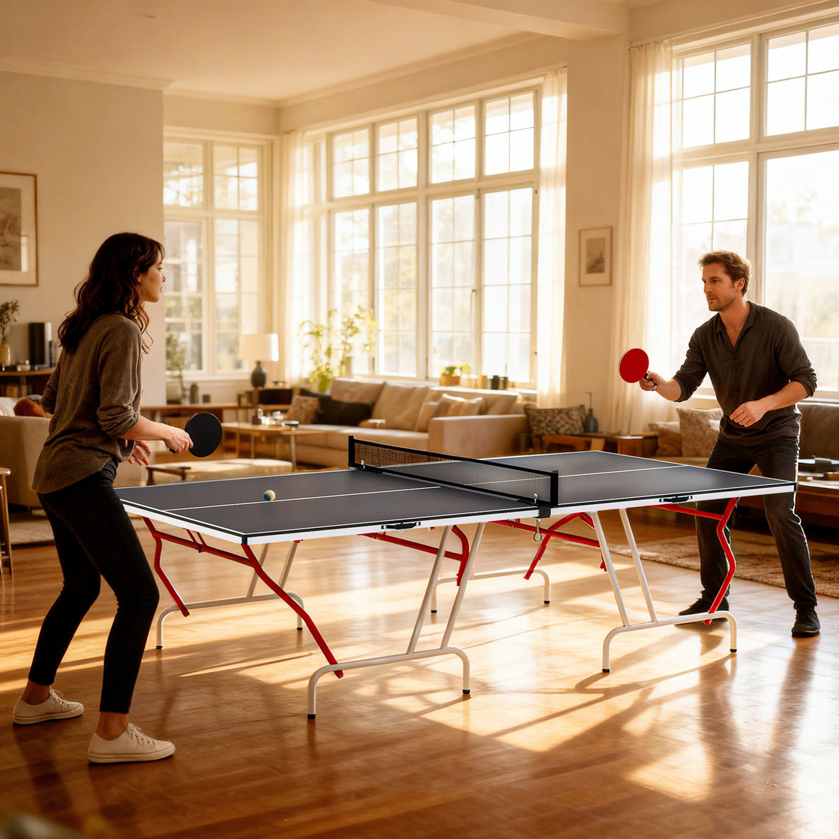 Soozier 9' x 5' Full Size Table Tennis Table, Folding Ping Pong Table with Paddles and Balls, Dark Grey
