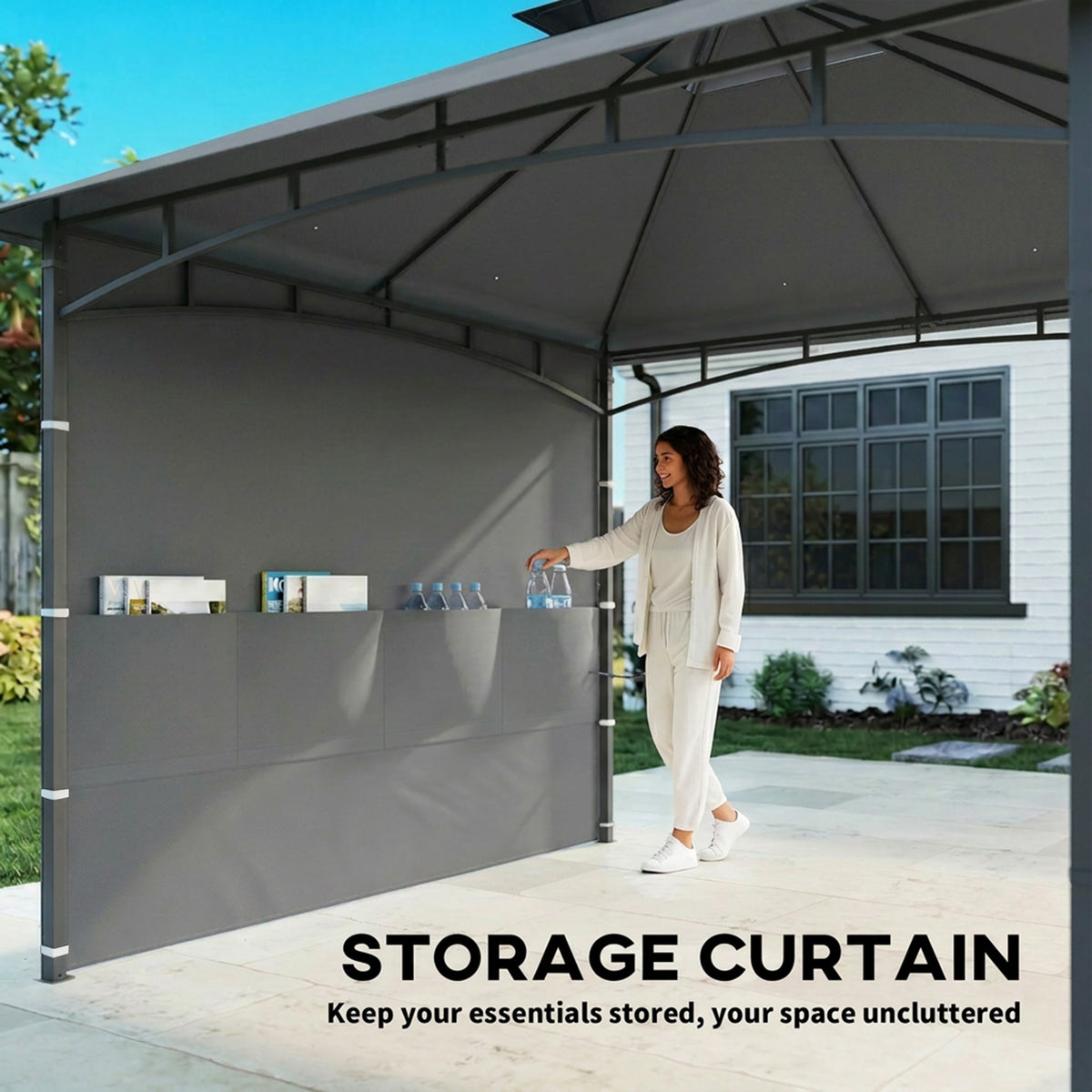 10' x 10' Patio Gazebo, Double Roof Outdoor Gazebo Canopy Shelter with Storage, Hook, Metal Frame, Dark Grey – view 4