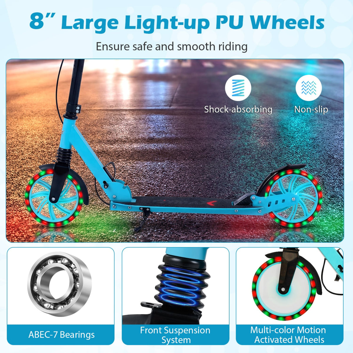 Kick Scooter for Kids Teens Adults Age 8+ Foldable Scooter with Large Light-up Wheels-Blue view 9