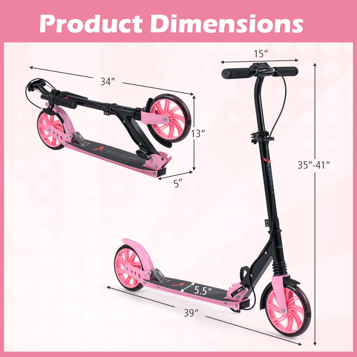 Kick Scooter for Kids Teens Adults Age 8+ Foldable Scooter with Large Light-up Wheels-Pink view 5