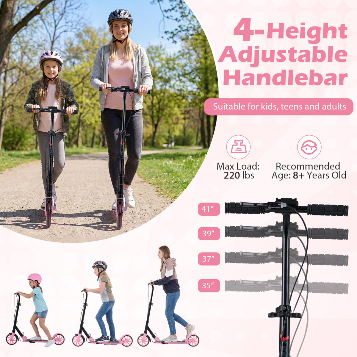 Kick Scooter for Kids Teens Adults Age 8+ Foldable Scooter with Large Light-up Wheels-Pink view 7