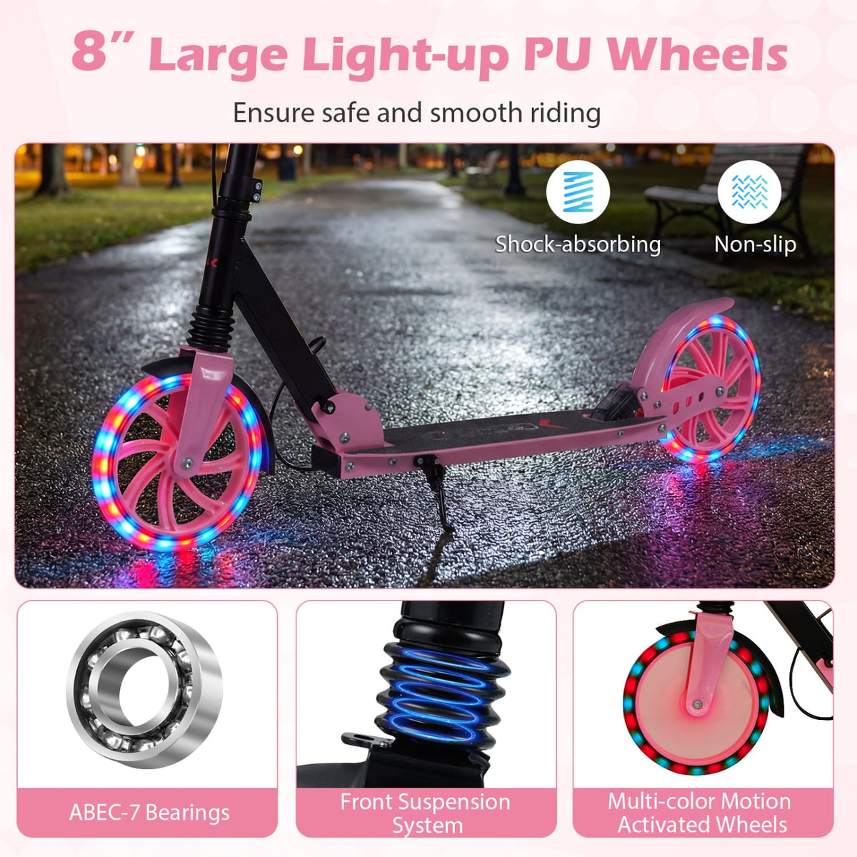 Kick Scooter for Kids Teens Adults Age 8+ Foldable Scooter with Large Light-up Wheels-Pink view 9