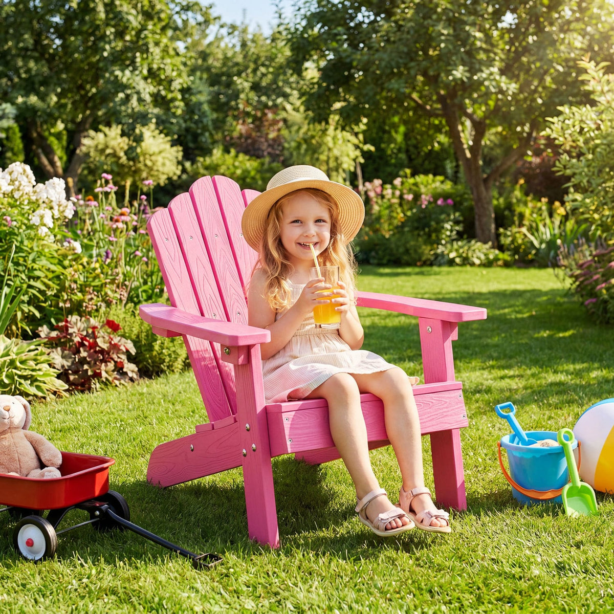 Kids Adirondack Chair All-weather Outdoor Chair for Children with Tilted High Backrest-Pink view 3