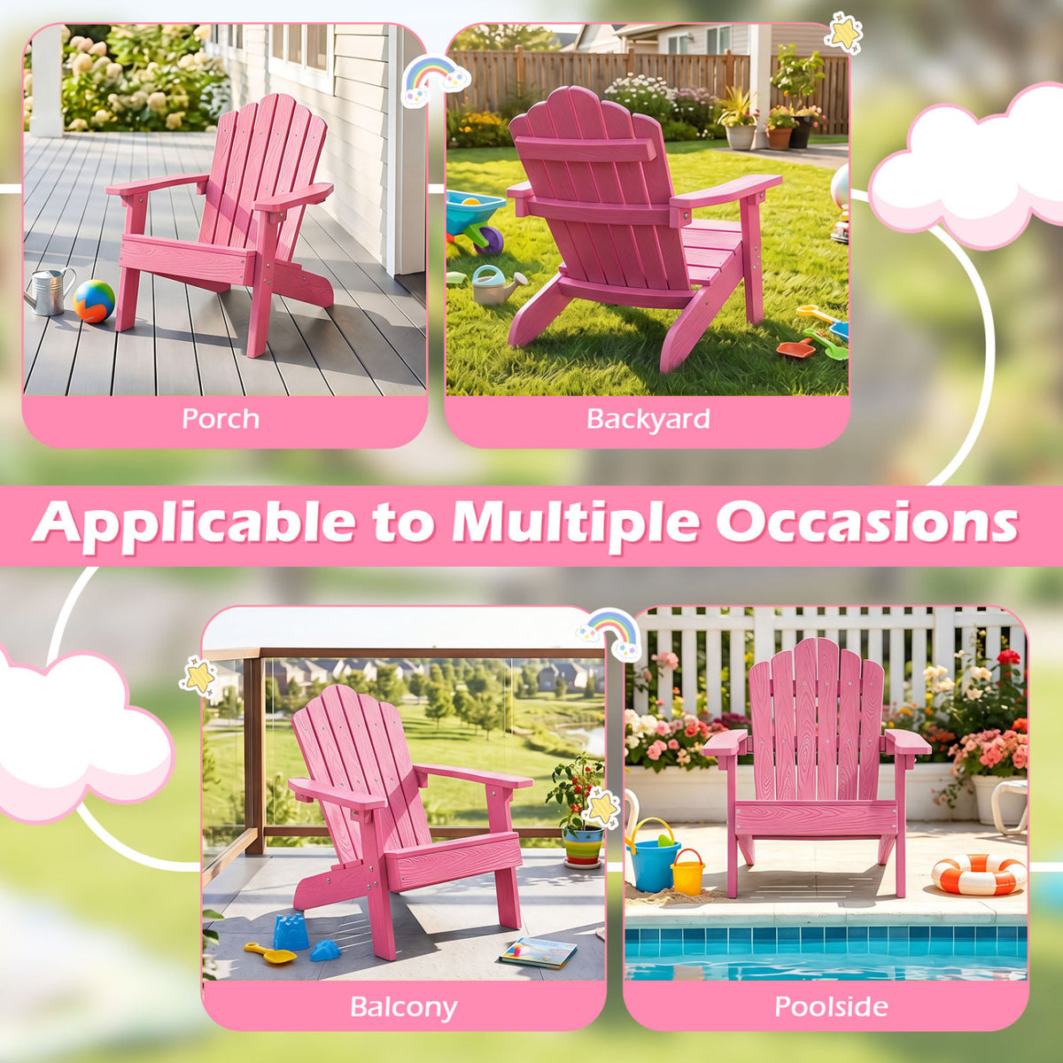Kids Adirondack Chair All-weather Outdoor Chair for Children with Tilted High Backrest-Pink view 8