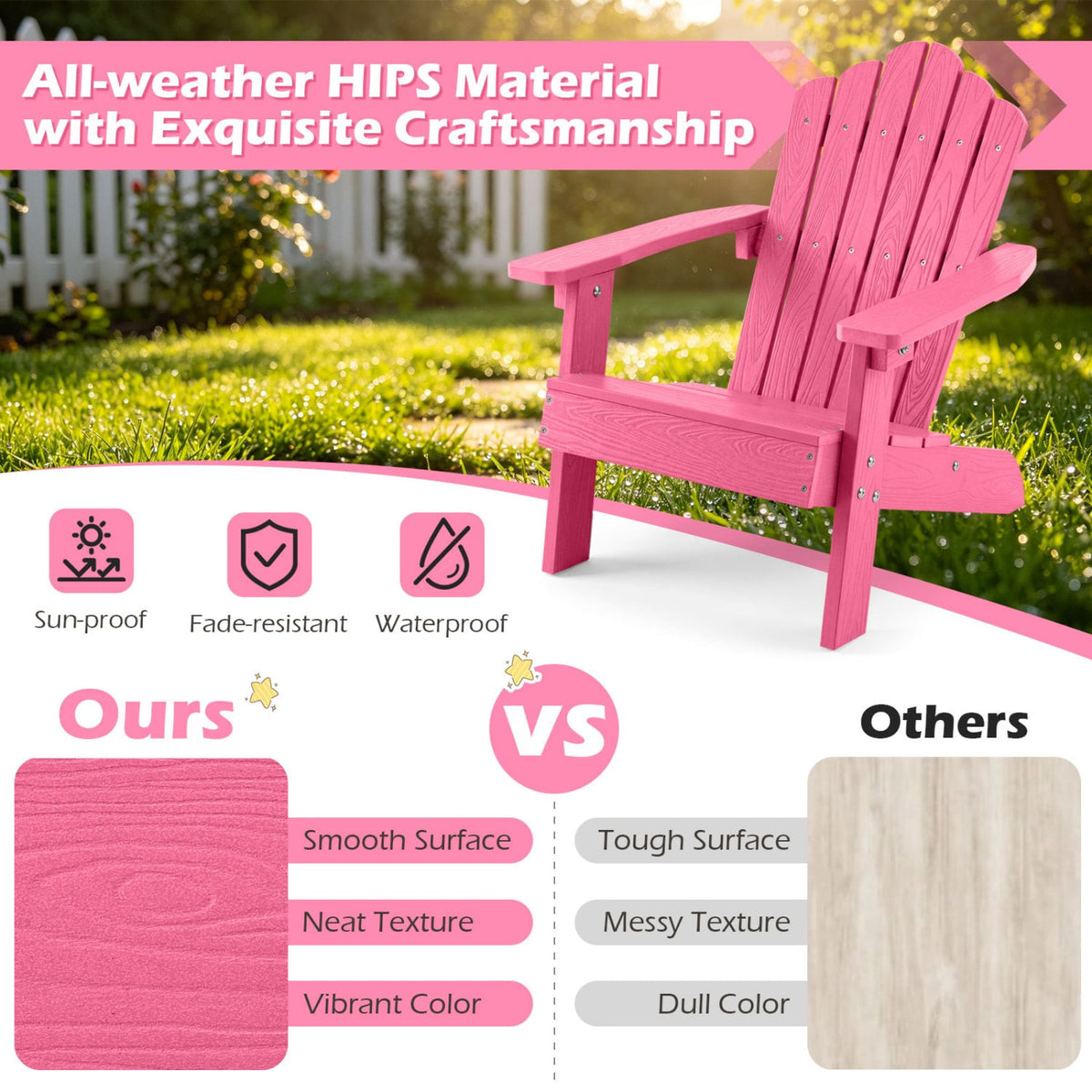 Kids Adirondack Chair All-weather Outdoor Chair for Children with Tilted High Backrest-Pink view 9